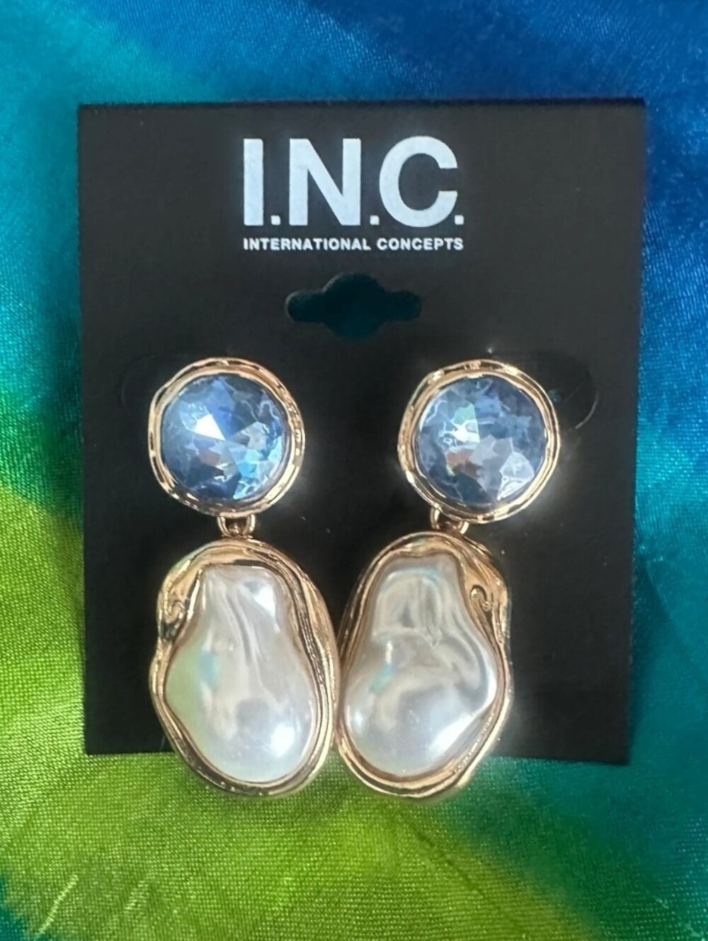 INC International Concepts Gold-Tone Blue Crystal & Pearl Drop Earrings